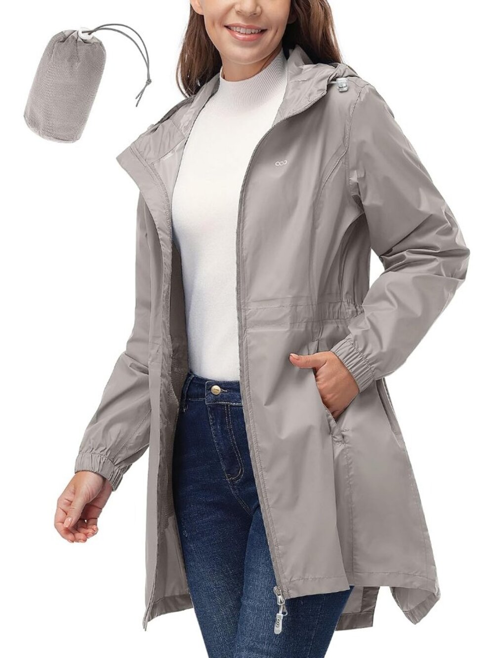 Women's Khaki Waterproof Long Coat Packable Breathable Rain Jacket with Hood
